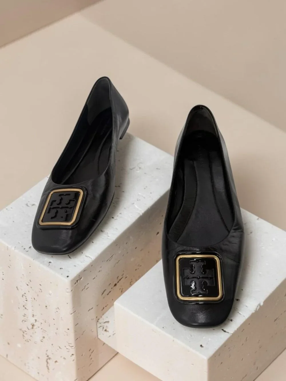Tory Burch Black Leather Square Logo Plating Ballerina Flats 9